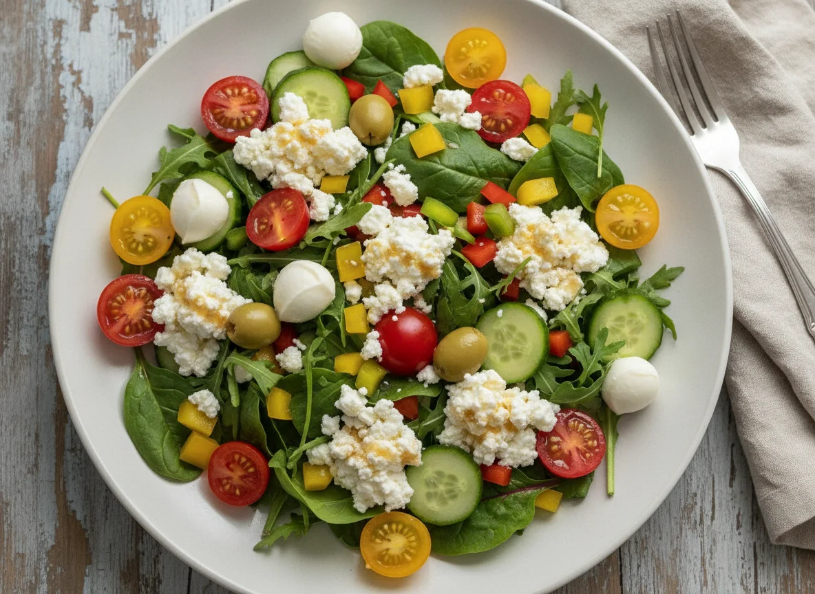 Mixed Salad Plate with Mozzarella, Feta, and Cottage Cheese photo