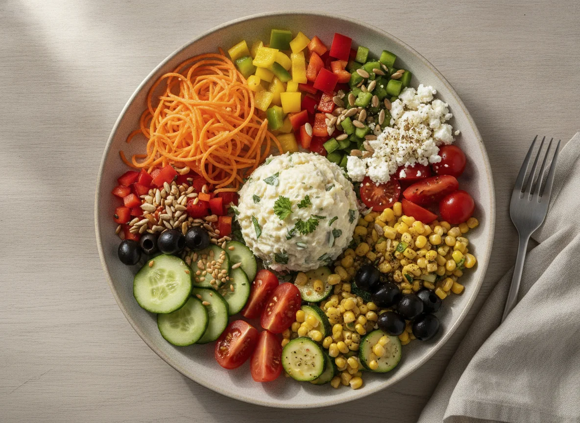 Mixed Salad Plate with Potato Salad and Seeds photo