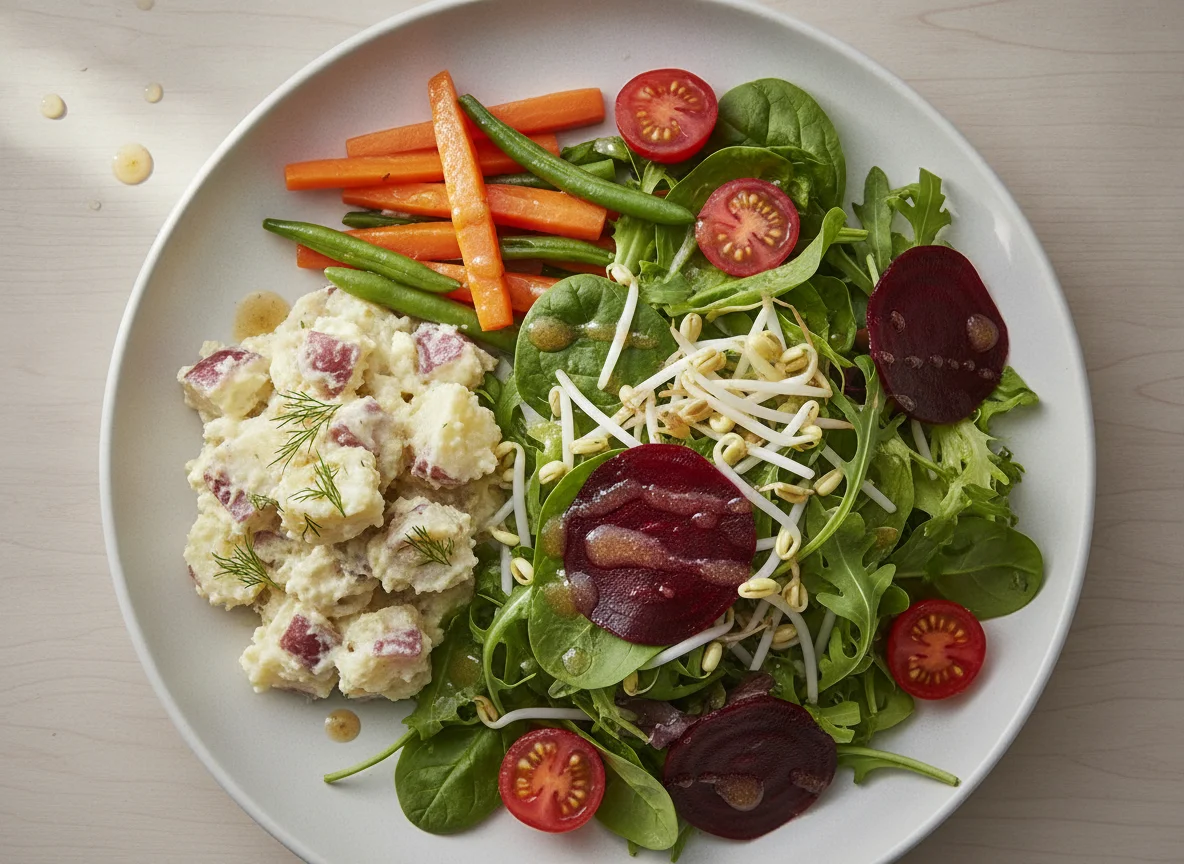 Mixed Salad Plate with Potato Salad and Vegetables photo