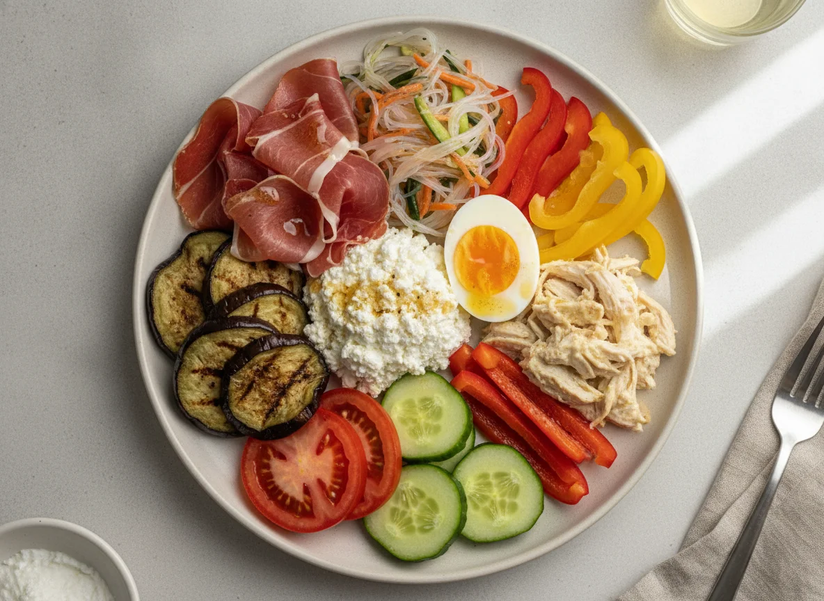 Mixed salad plate with prosciutto, cottage cheese, and egg photo