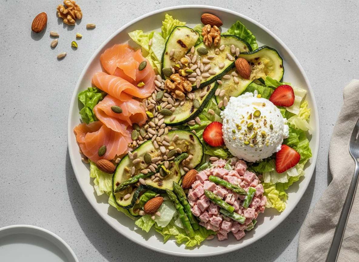 Mixed Salad Plate with Smoked Salmon and Cottage Cheese photo