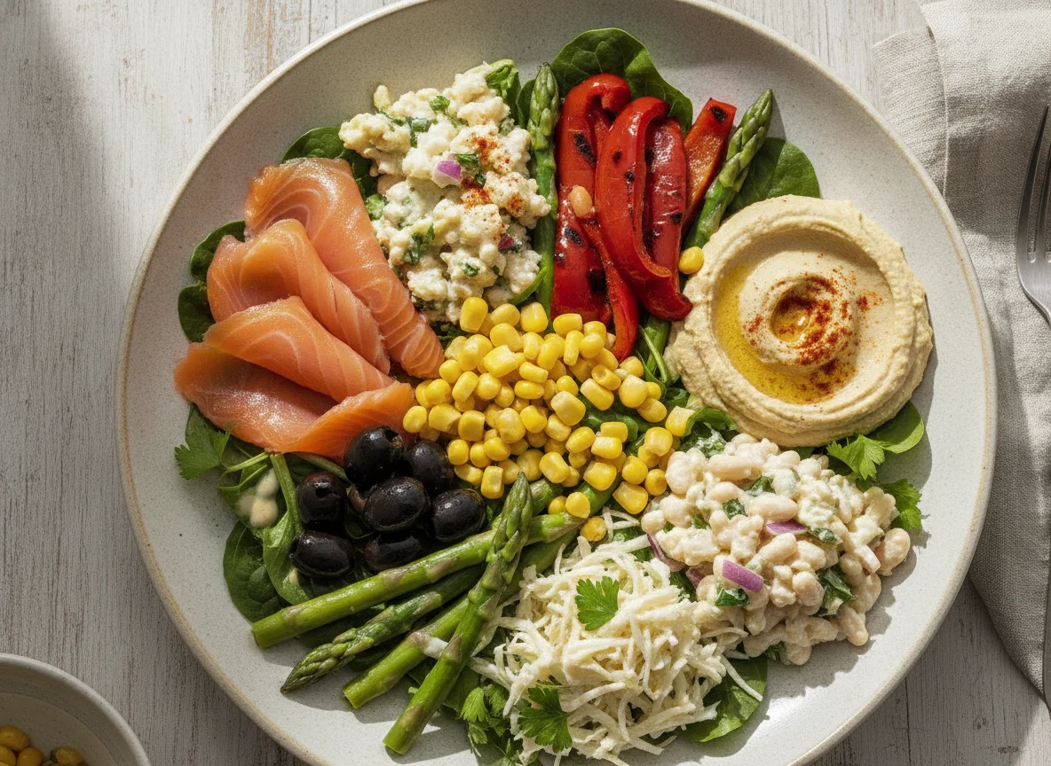 Mixed Salad Plate with Smoked Salmon and Hummus photo