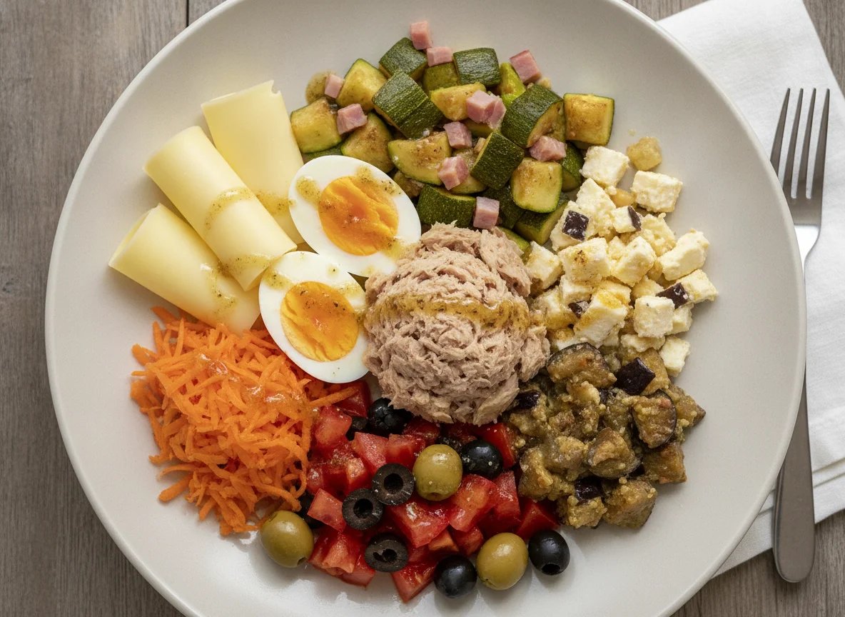 Mixed Salad Plate with Tuna, Egg, and Vegetables photo