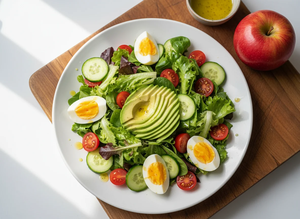 Mixed Salad with Avocado and Hard-boiled Eggs, and an Apple photo