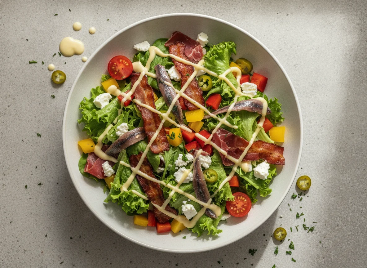 Mixed salad with bacon, dried meat, and anchovy photo