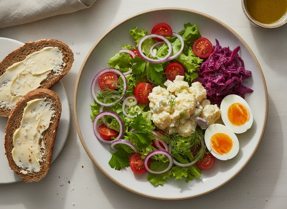 Mixed salad with boiled eggs and buttered rye bread photo