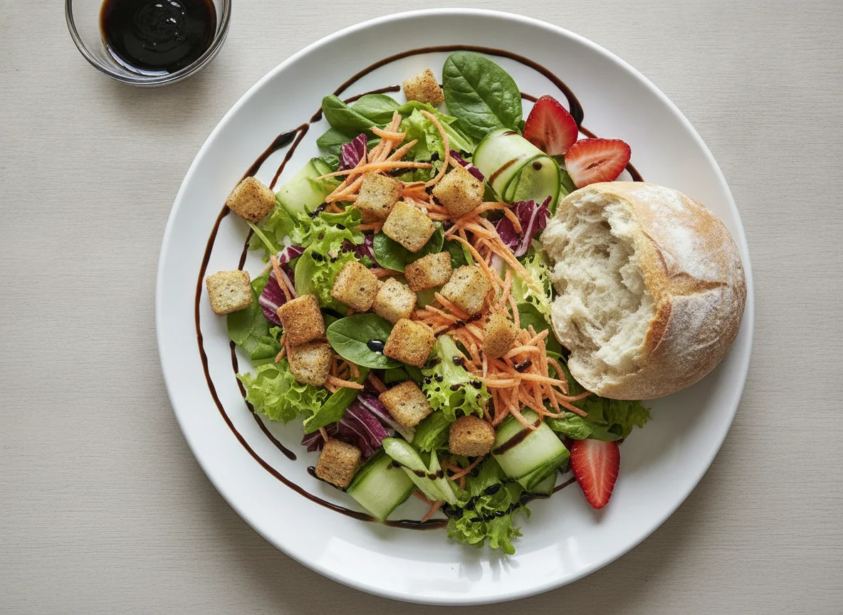 Mixed salad with bread and strawberries photo
