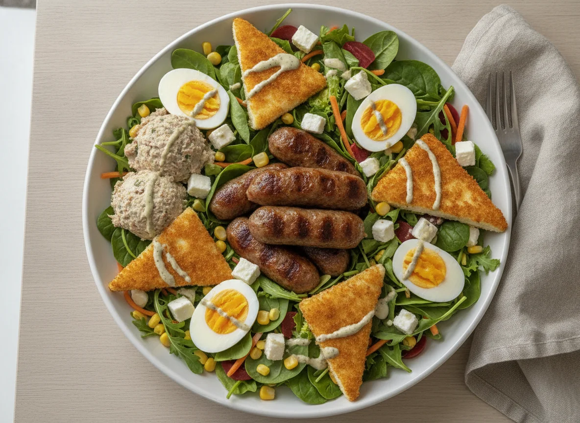 Mixed Salad with Cevapi, Hard-Boiled Eggs, and Fried Cheese photo