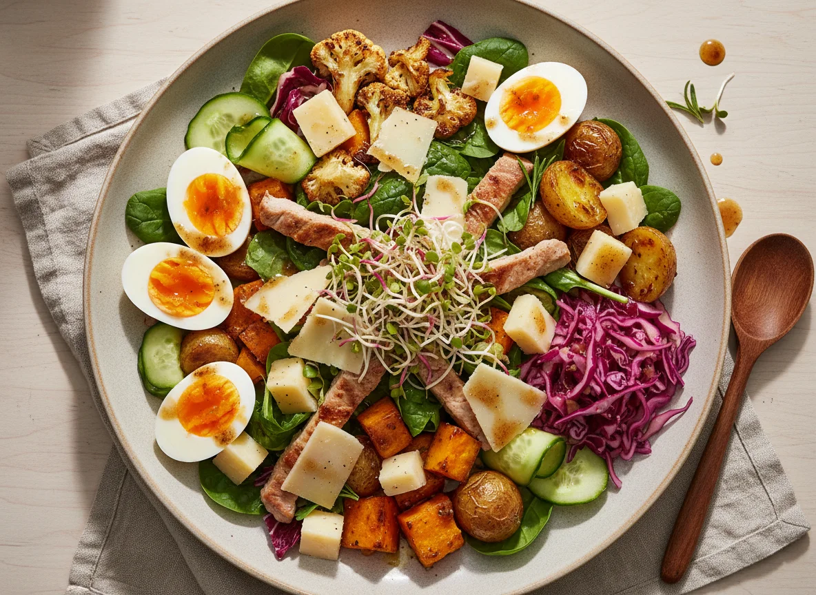 Mixed Salad with Cheese, Egg, and Roasted Vegetables photo