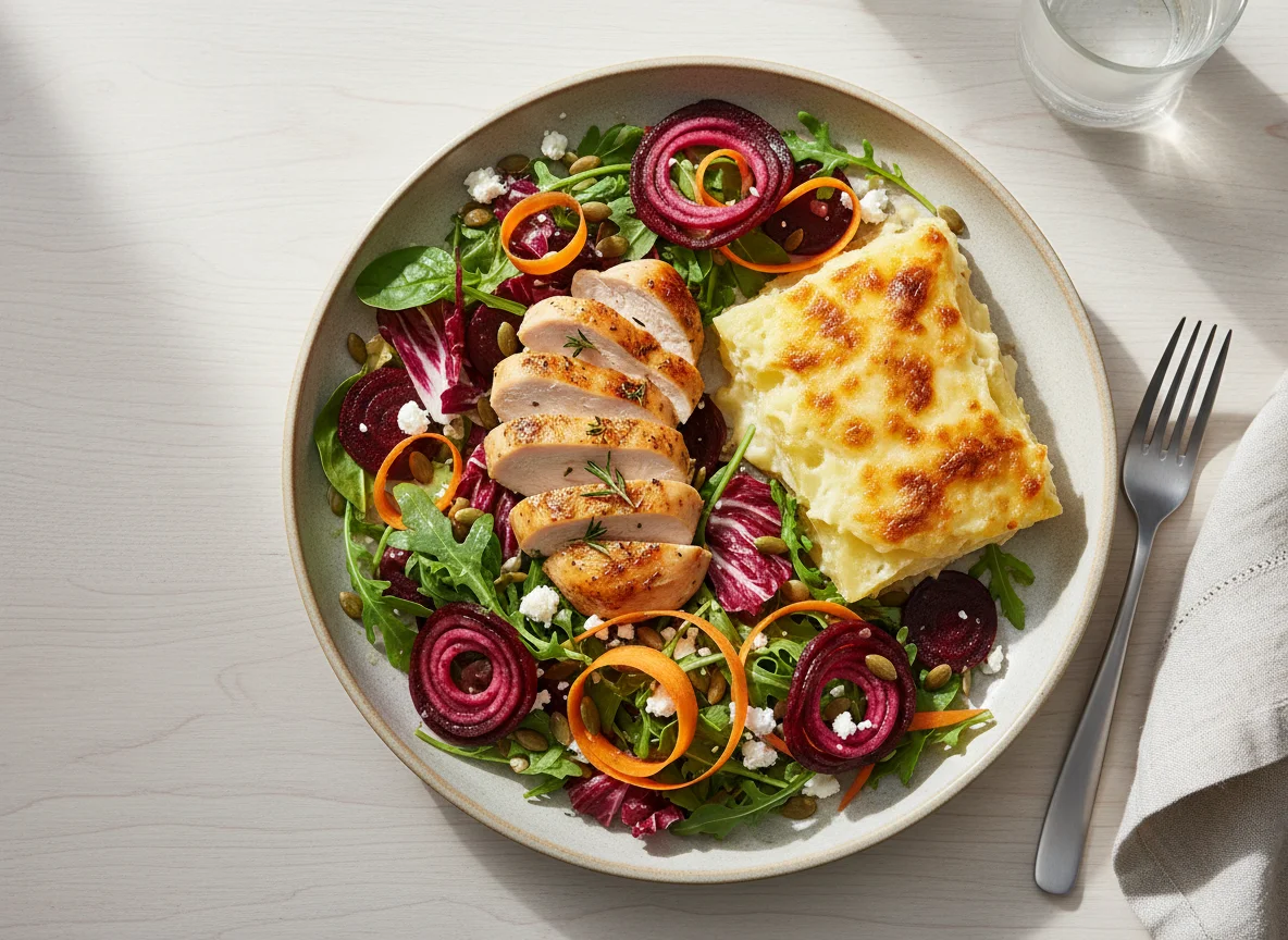 Mixed Salad with Chicken and Gratin photo