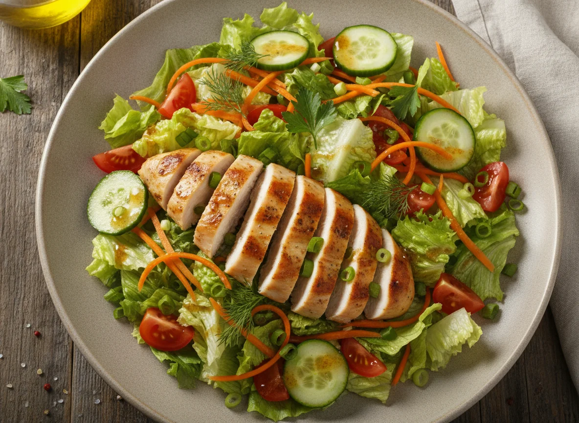 Mixed salad with chicken and vegetables photo