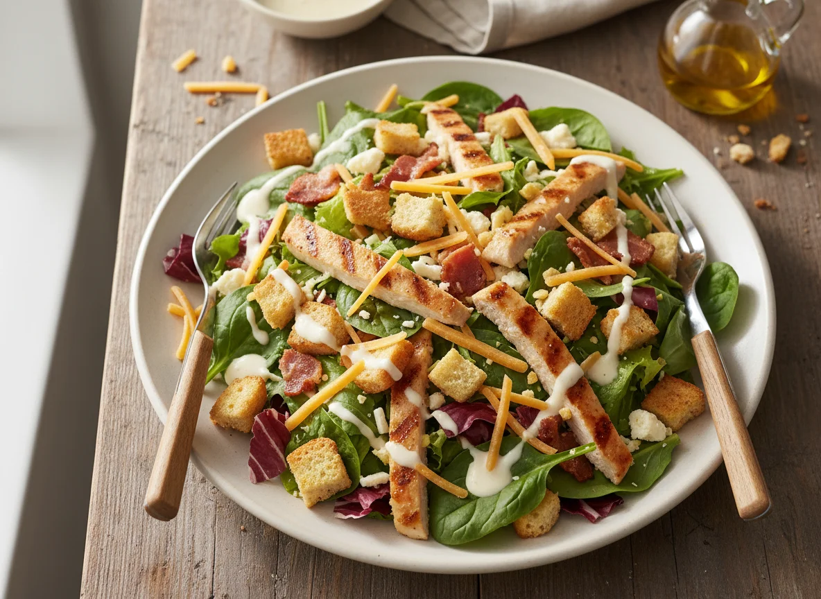 Mixed Salad with Chicken, Bacon, Croutons and Cheese photo