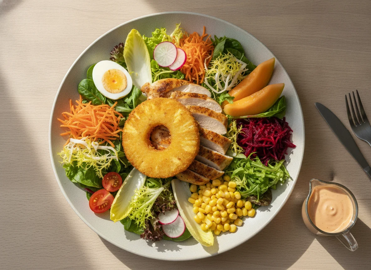 Mixed Salad with Chicken Breast and Breaded Pineapple photo