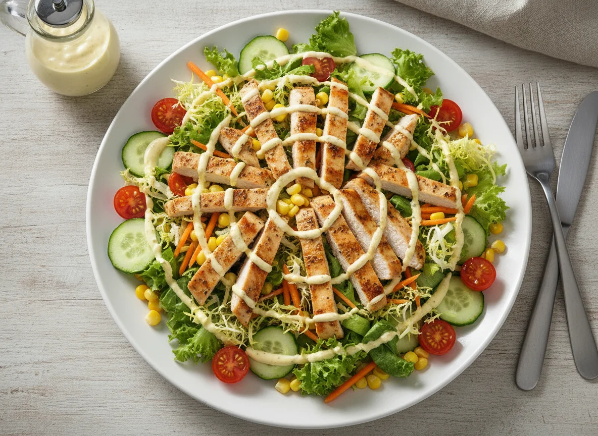 Mixed Salad with Chicken Meat Product and Salad Dressing photo
