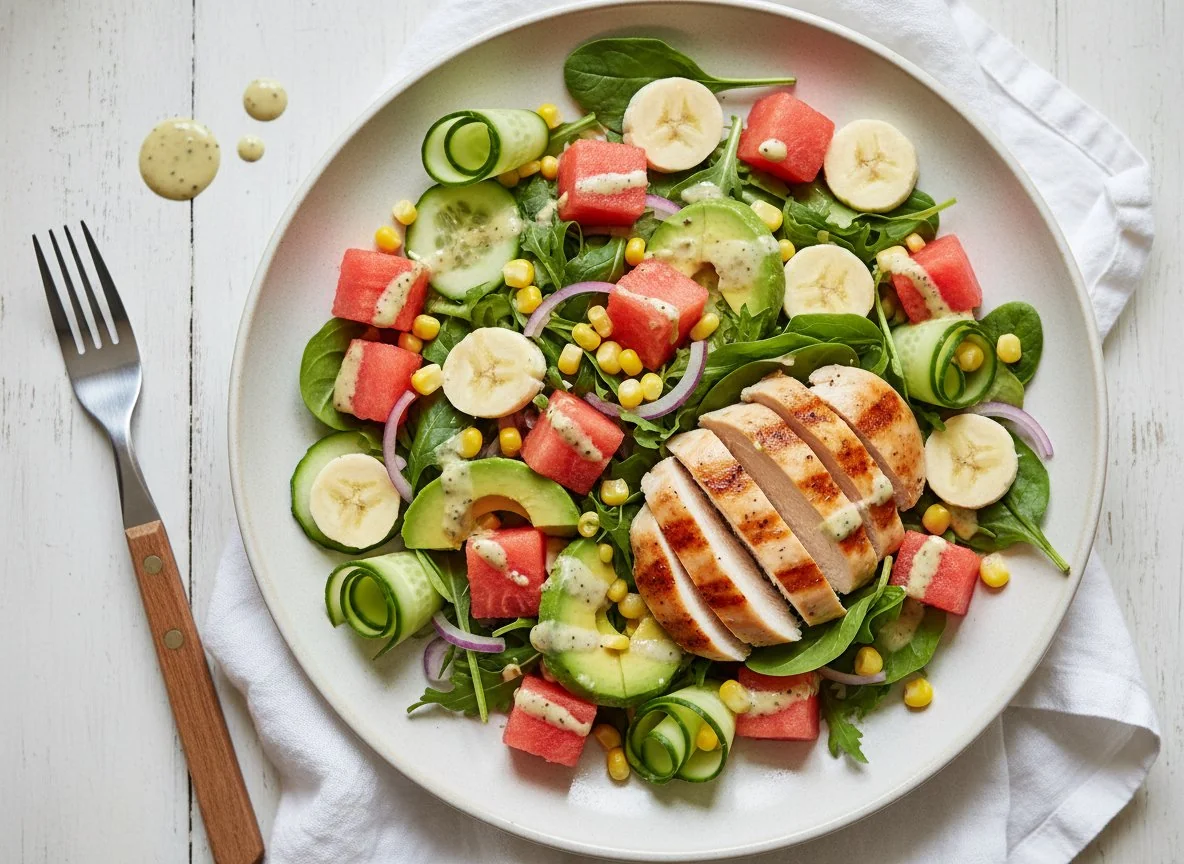 Mixed Salad with Chicken, Watermelon, and Banana photo