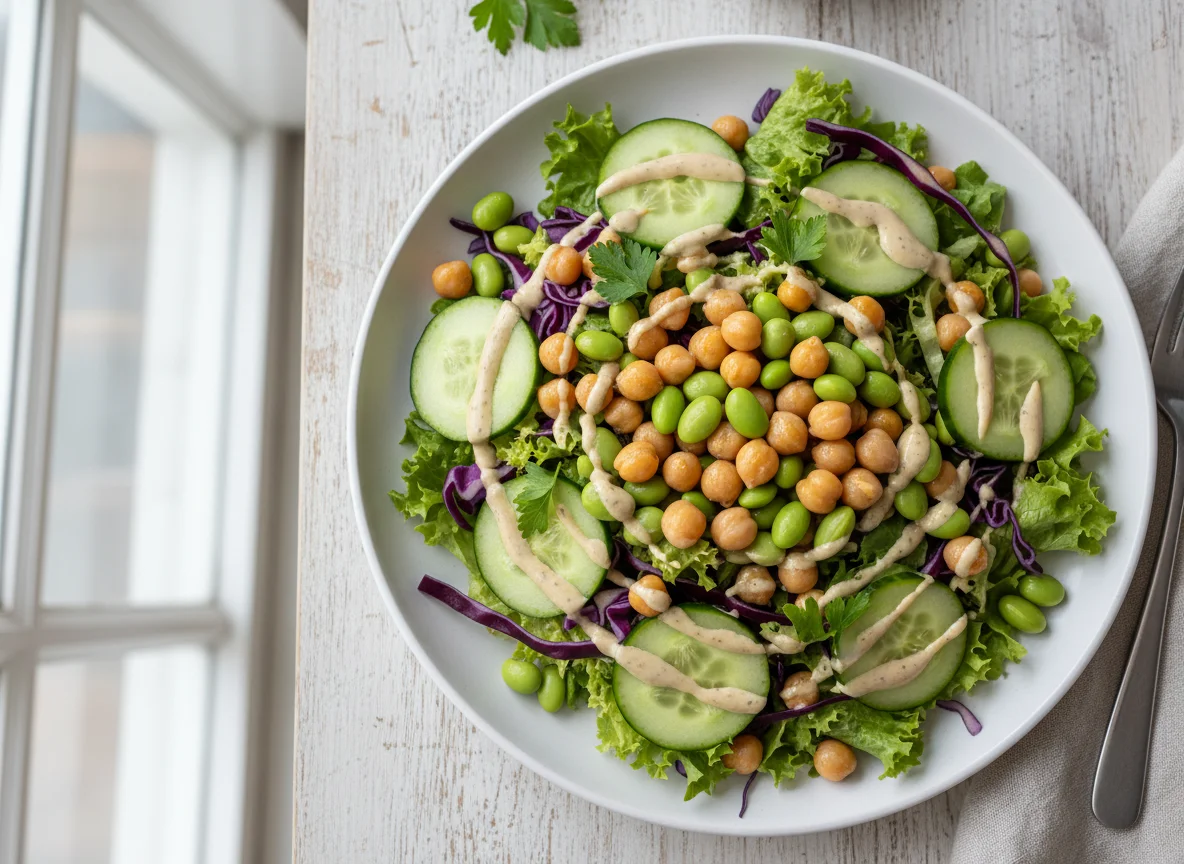 Mixed Salad with Chickpeas and Dressing photo