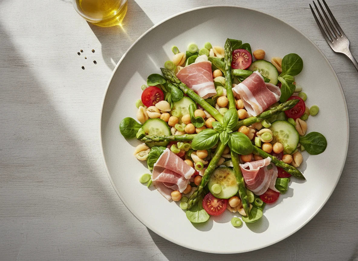 Mixed salad with chickpeas, asparagus, and cured ham photo