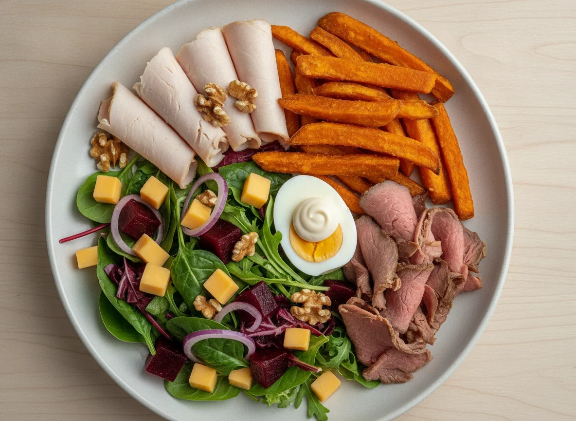 Mixed Salad with Cold Meats, Boiled Egg and Sweet Potato Fries photo