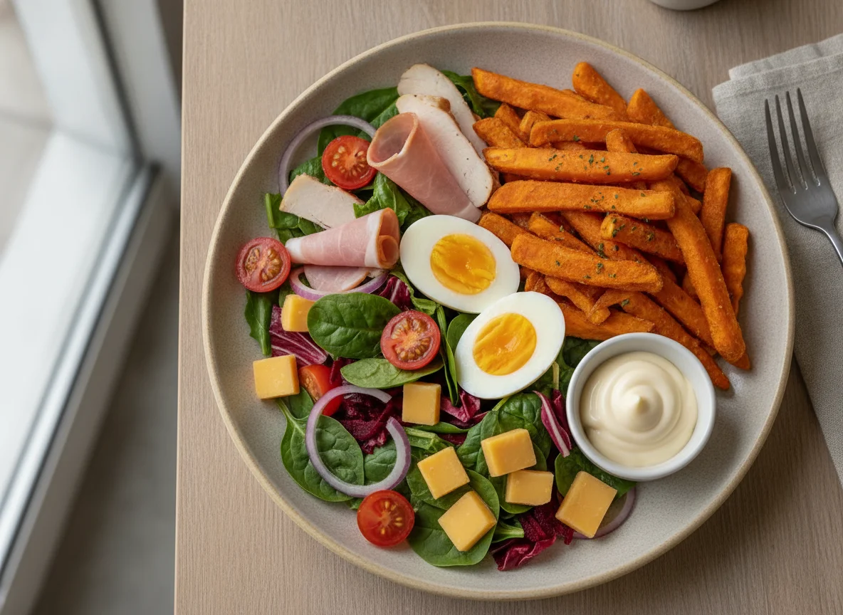 Mixed Salad with Cold Meats, Egg, and Sweet Potato Fries photo