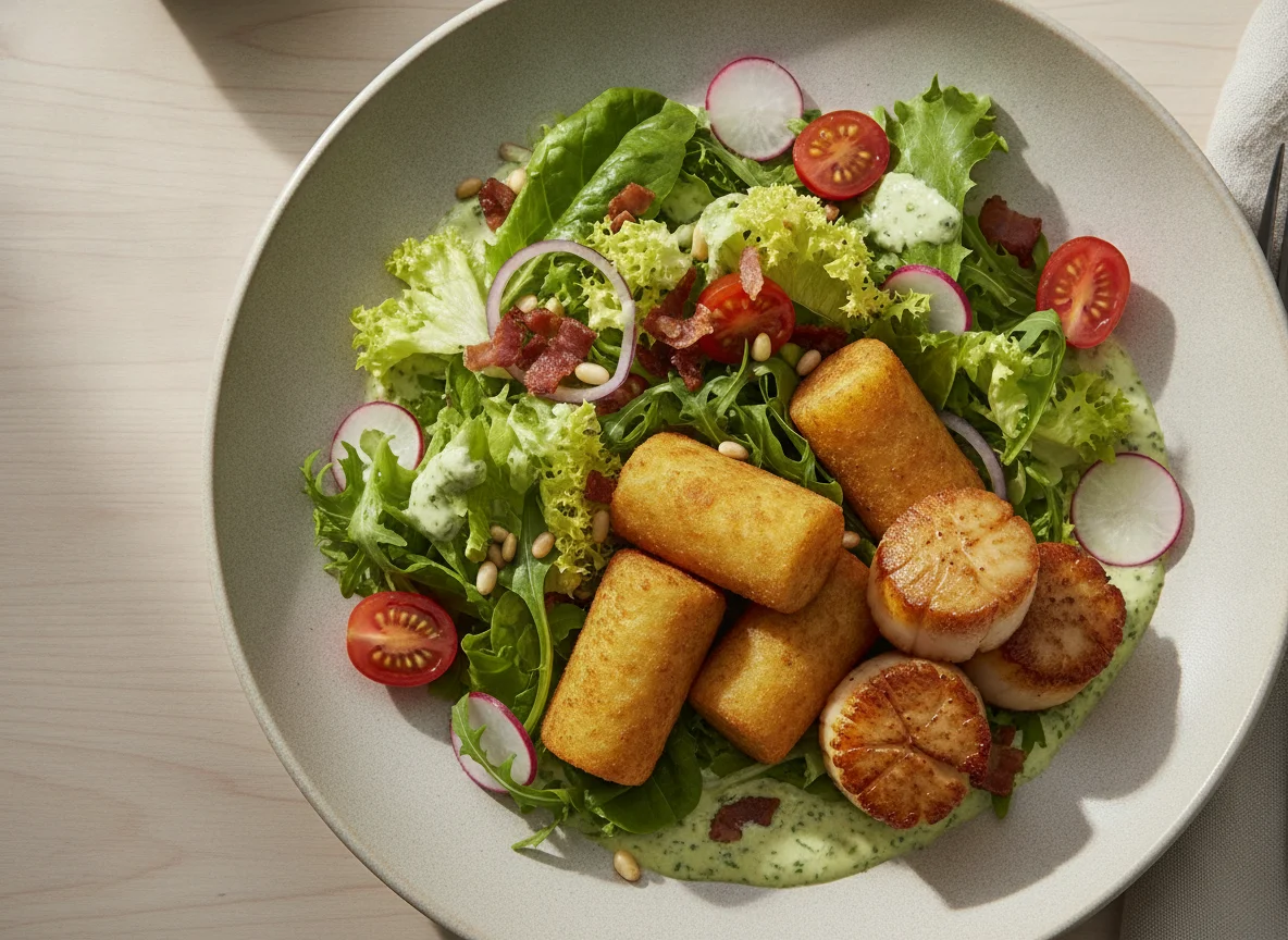 Mixed Salad with Croquettes and Scallops photo