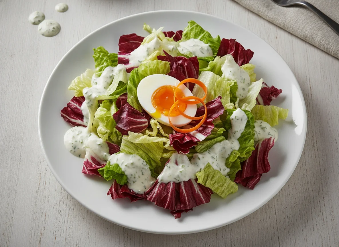 Mixed salad with egg and creamy dressing photo