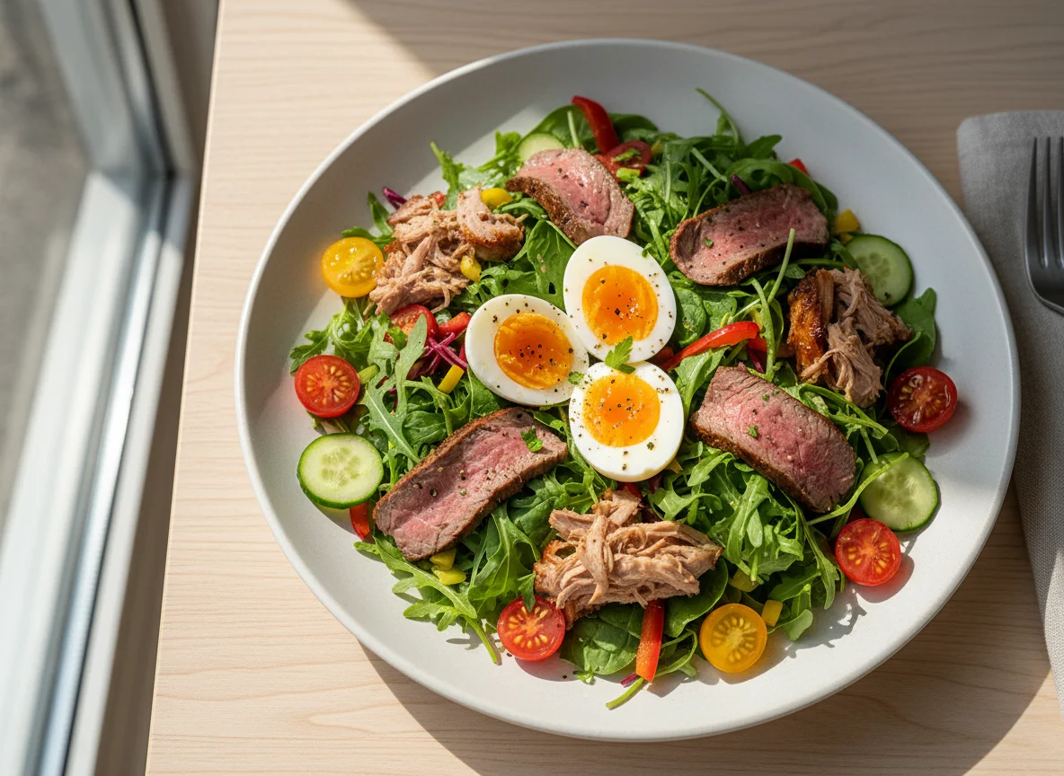 Mixed salad with egg and meat photo