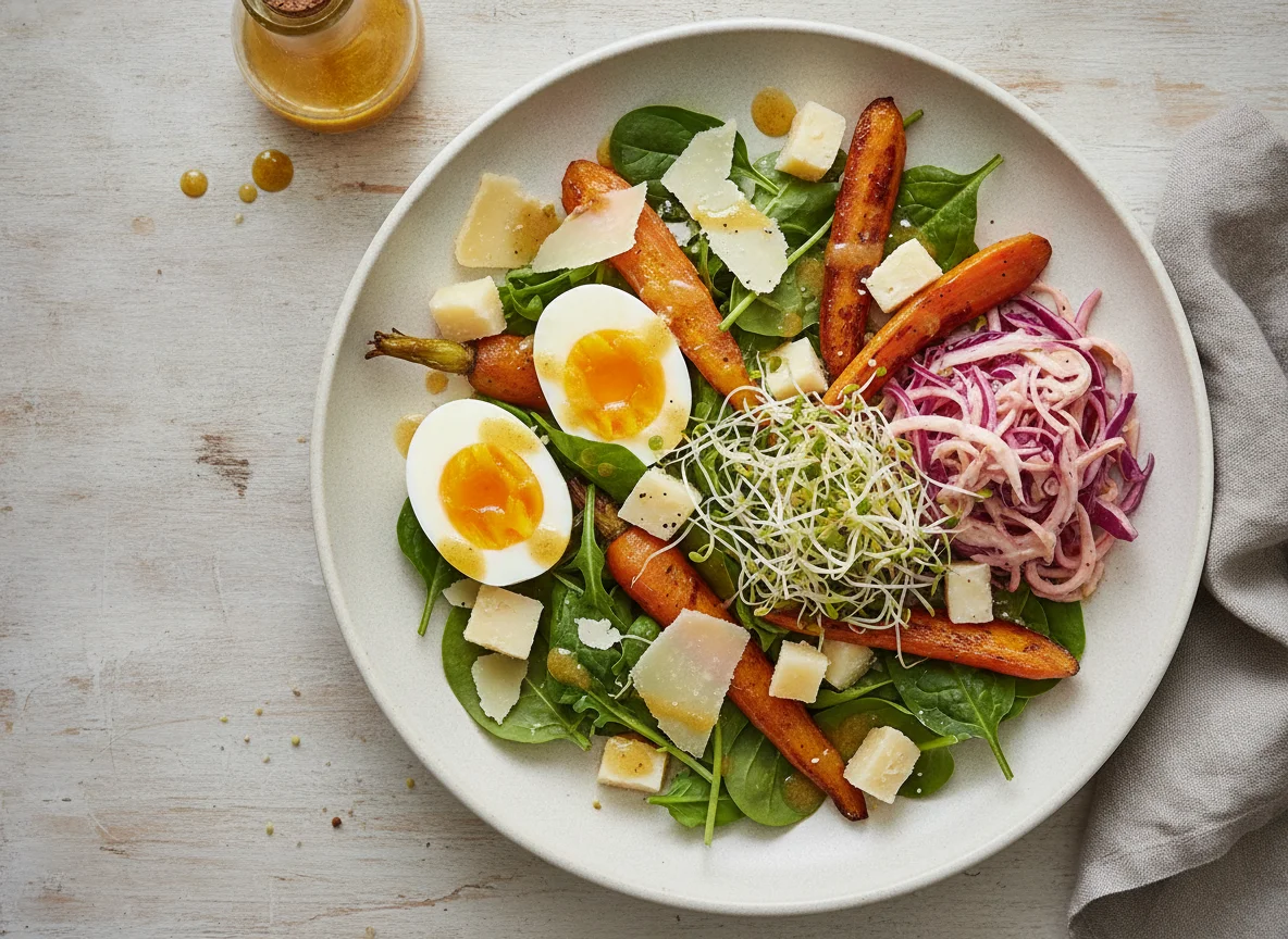 Mixed salad with egg, cheese, and roasted vegetables photo