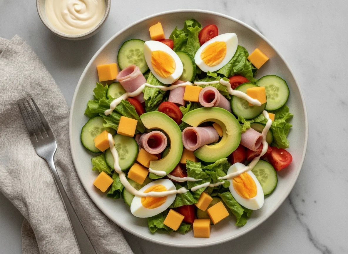 Mixed salad with egg, ham, cheese and avocado photo