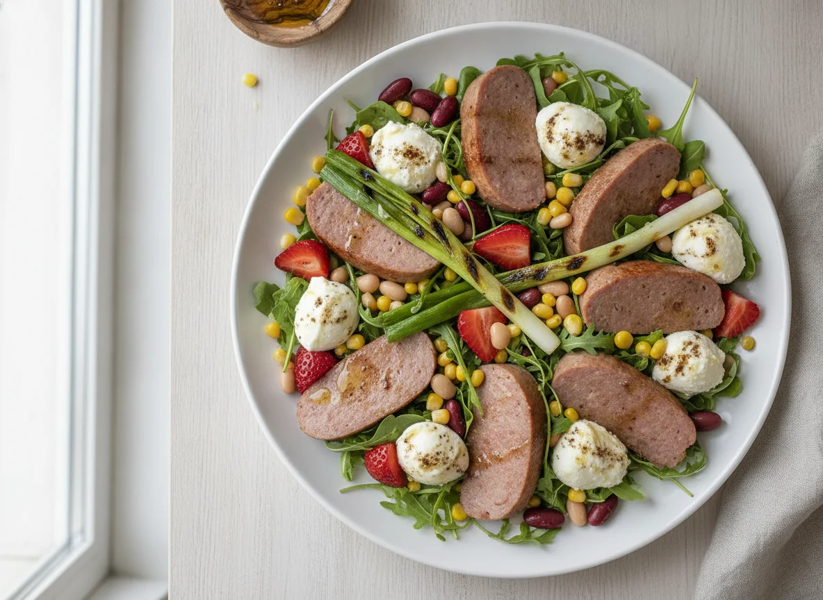 Mixed salad with Fleischkäse, mozzarella, and strawberries photo
