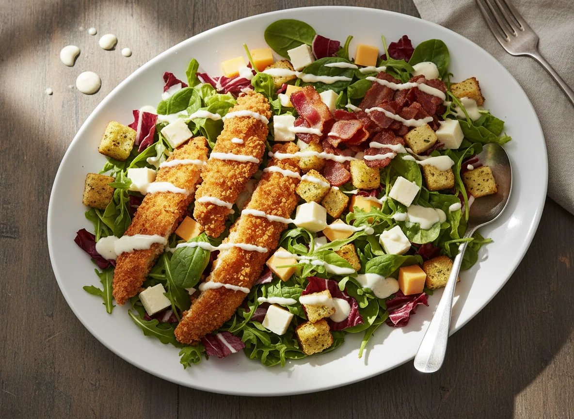 Mixed Salad with Fried Chicken, Bacon, Croutons, Cheese and Dressing photo