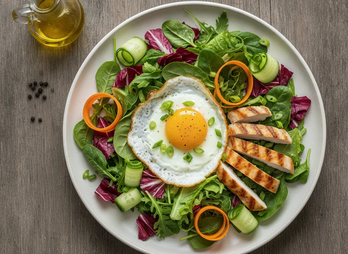 Mixed salad with fried egg and chicken photo