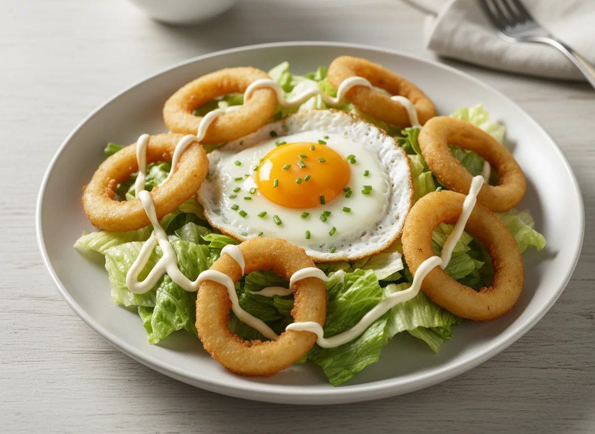 Mixed Salad with Fried Egg and Onion Rings photo
