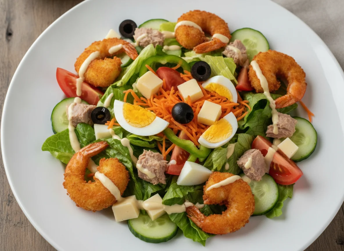 Mixed Salad with Fried Shrimp and Tuna photo