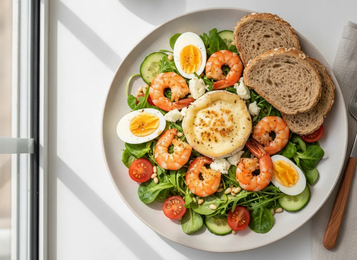Mixed salad with goat cheese, shrimp, and egg photo