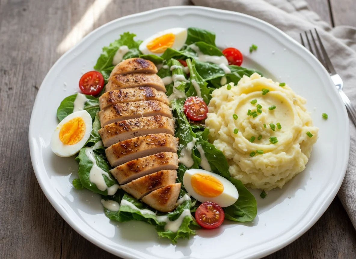 Mixed Salad with Grilled Chicken and Mashed Potatoes photo