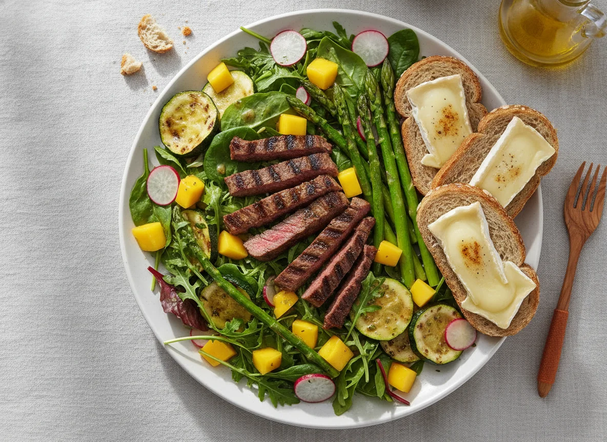 Mixed Salad with Grilled Meat, Asparagus, and Bread with Cheese photo