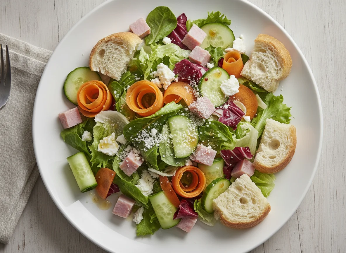 Mixed salad with ham, cheese and bread photo