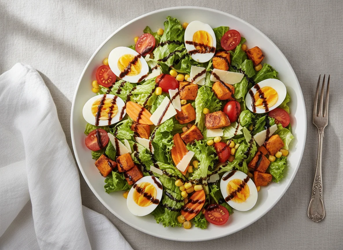 Mixed salad with hard-boiled eggs and balsamic glaze photo