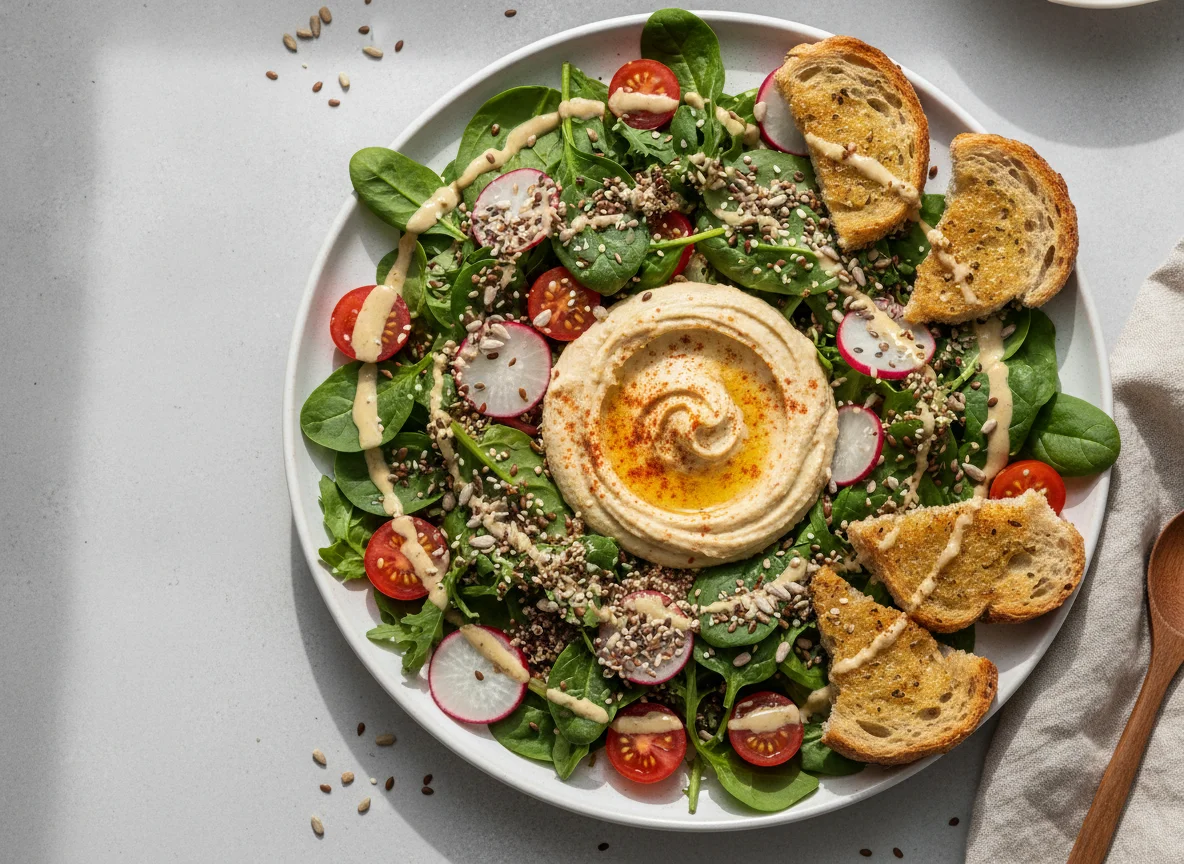 Mixed Salad with Hummus and Toasted Bread photo