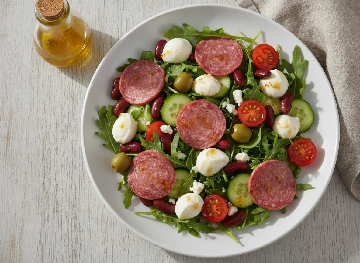Mixed Salad with Kidney Beans, Mozzarella, and Cervelat photo