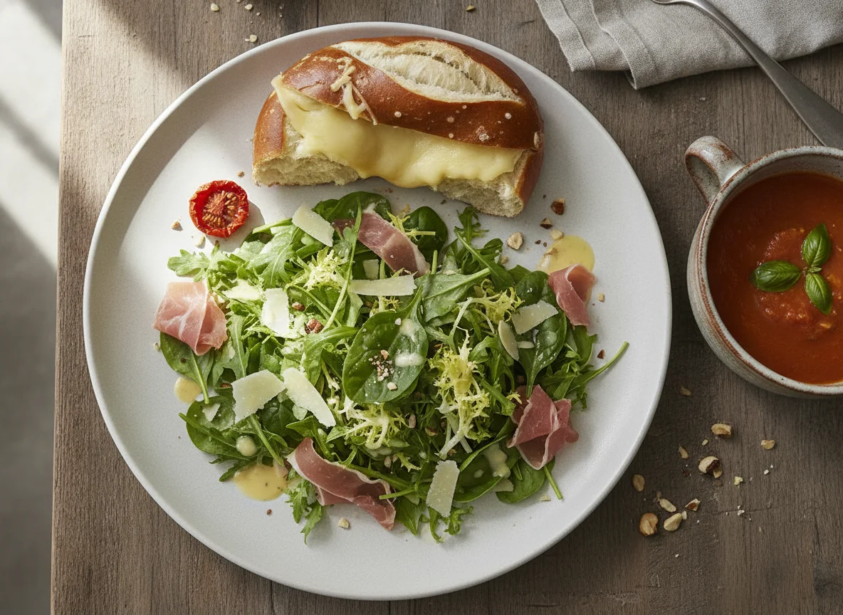 Mixed salad with lye bread and soup residue photo