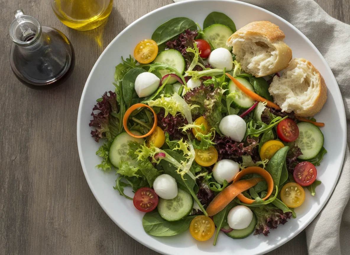 Mixed salad with mozzarella and bread photo