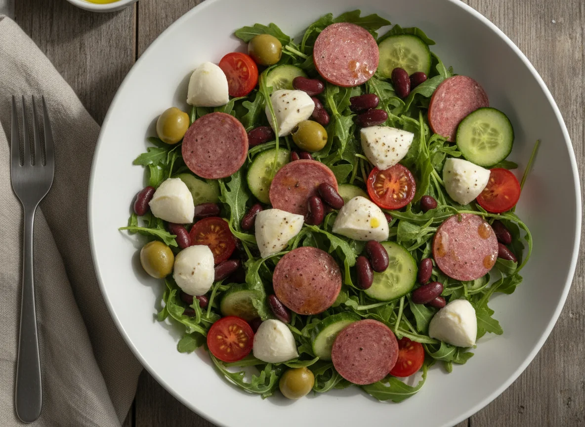 Mixed Salad with Mozzarella, Kidney Beans, and Sausage photo