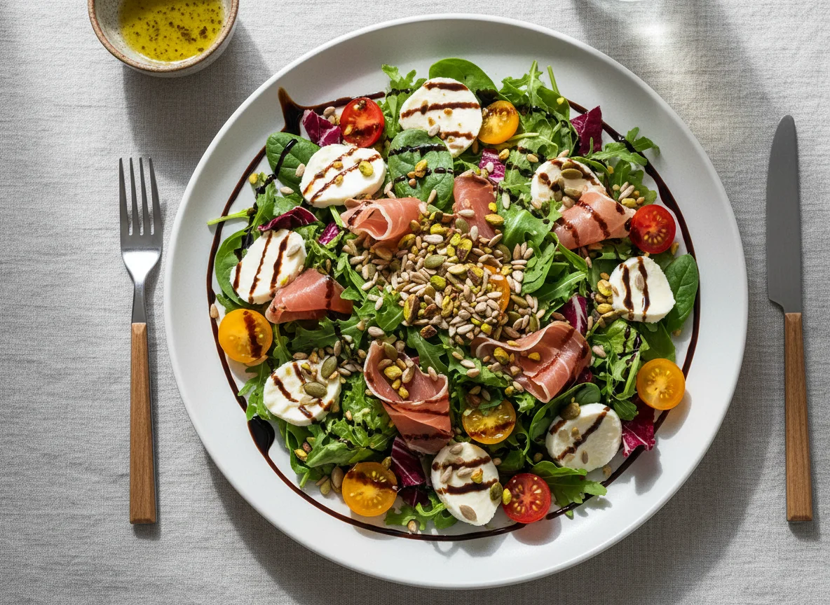 Mixed Salad with Mozzarella, Prosciutto, Tomatoes and Seeds photo