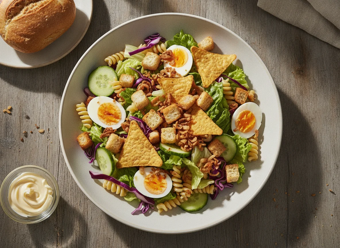 Mixed salad with pasta, egg, and nachos photo