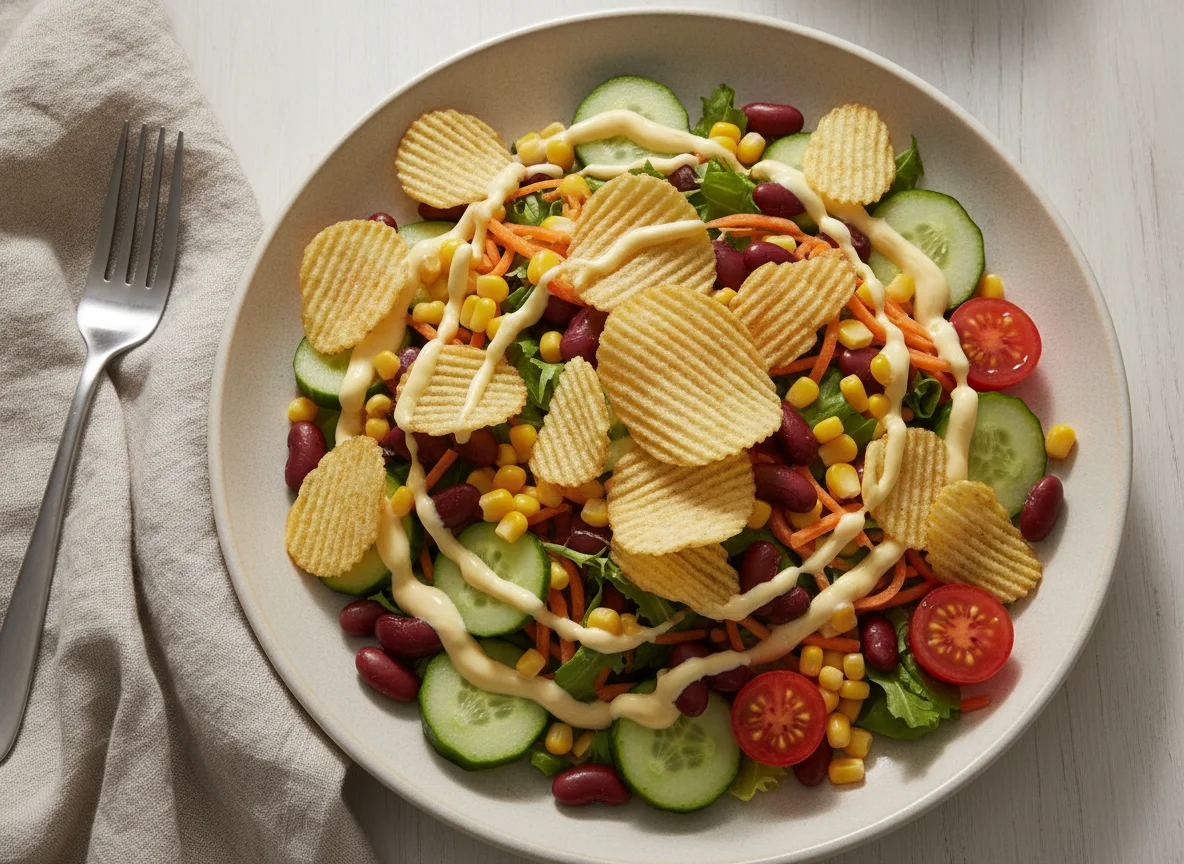 Mixed Salad with Potato Chips and Beans photo