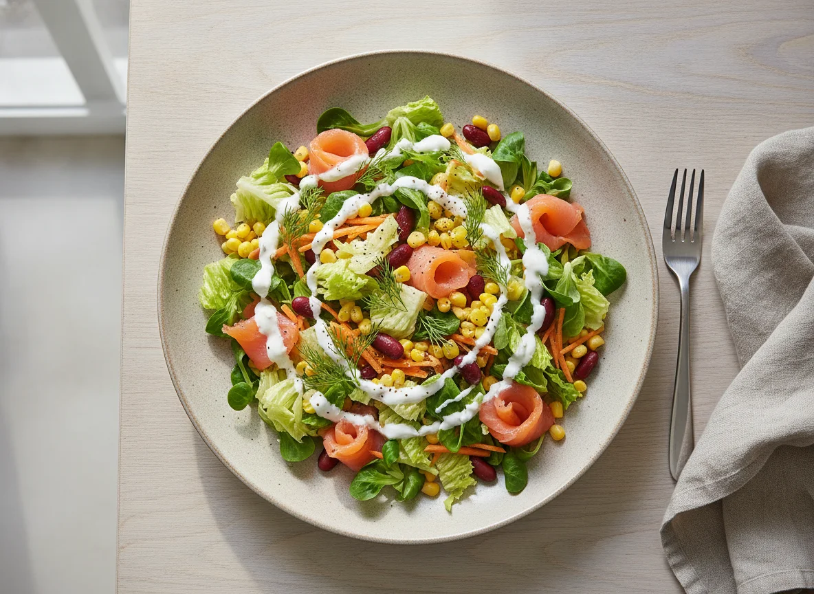 Mixed Salad with Salmon and Corn photo