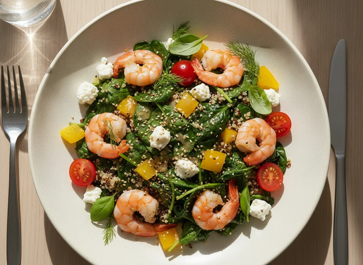 Mixed Salad with Sautéed Greens and Shrimp photo