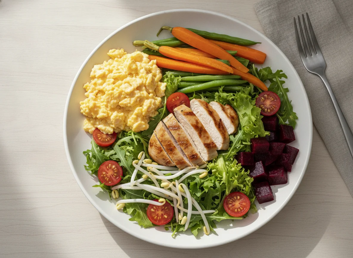 Mixed Salad with Scrambled Eggs and Steamed Vegetables photo