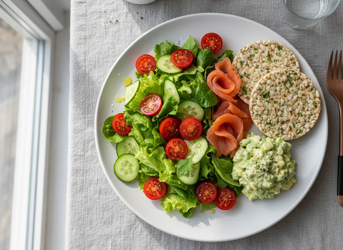 Mixed Salad with Smoked Salmon, Avocado Salad, and Rice Cake photo